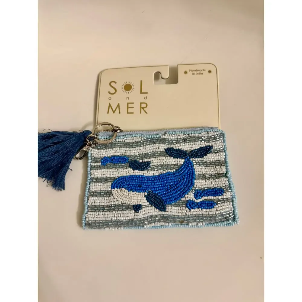 Sol & Mer Beaded Whale Coin Purse Mini Zipper Pouch Tassel Bag Charm NWT
